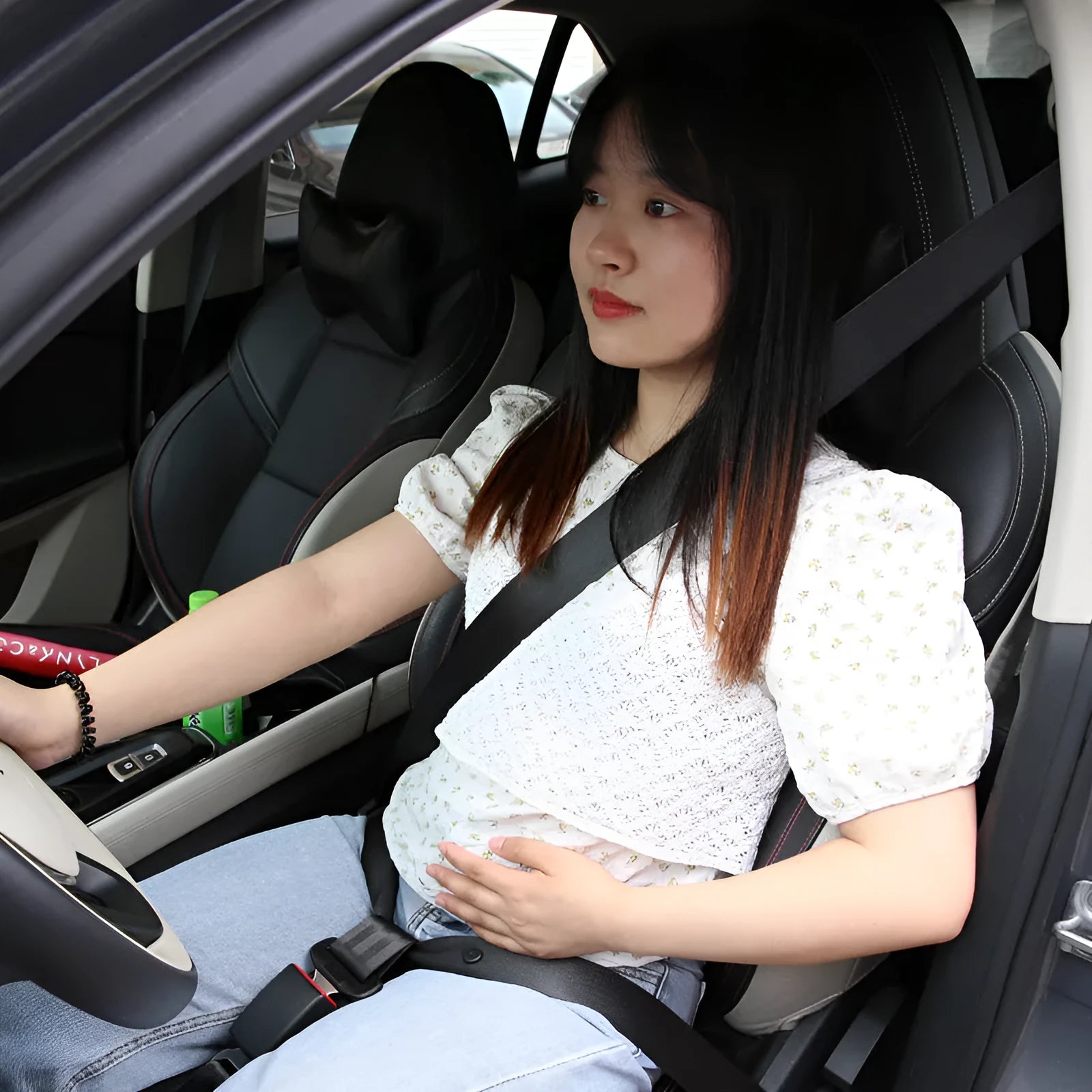 Pregnancy car seat belt for belly support, 1.75m long, polyester and steel, black snap buckle