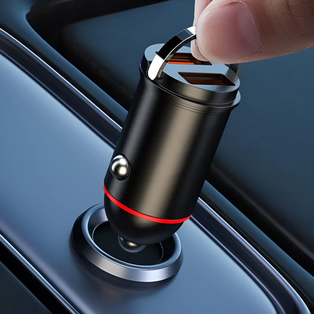 Black 200W USB car charger with zinc alloy housing, 38x21x21mm, for fast vehicle charging