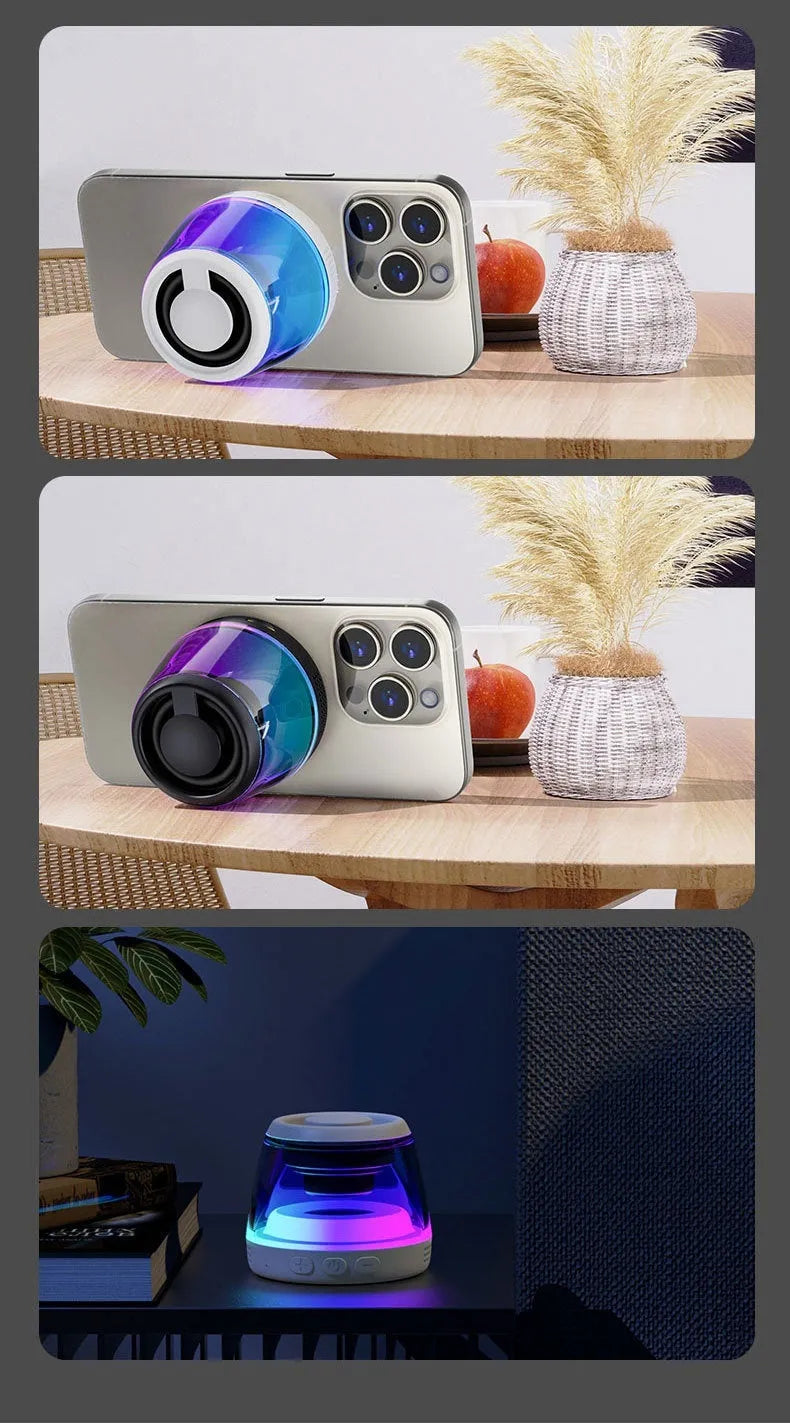 White cylindrical portable Bluetooth speaker with ambience lighting and magnetic base