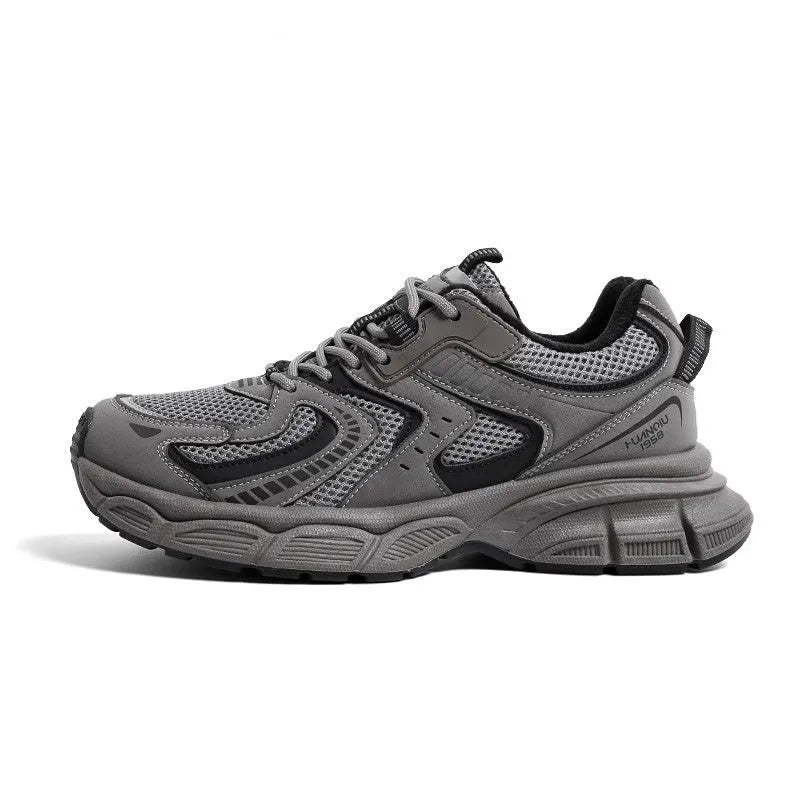 Spring versatile platform casual sneaker in Black Silver, PU mesh and leather stitching, low top dad shoe with EVA sole