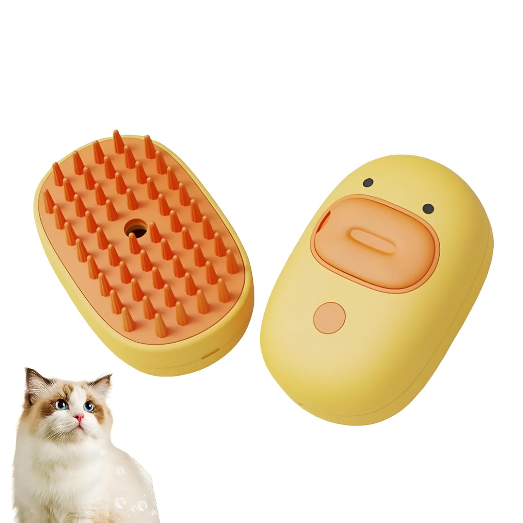 White rechargeable steam pet brush with soft rubber teeth and water tank for grooming dogs and cats.