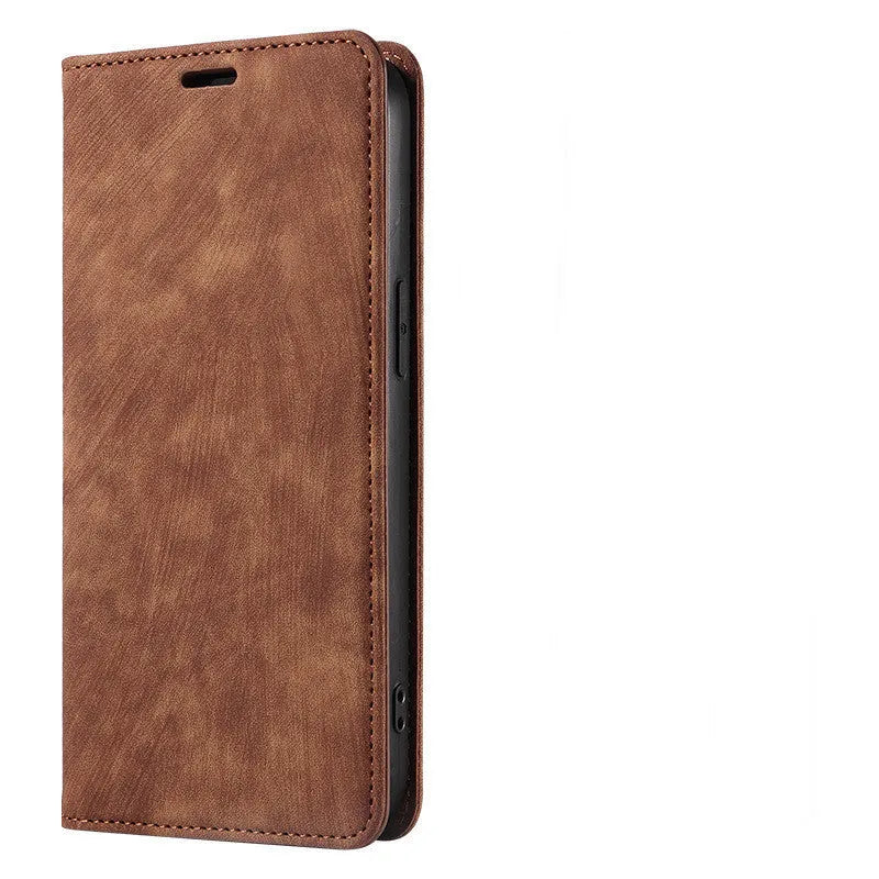 Magnetic flip phone case for iPhone in various colours showing TPU and leather construction