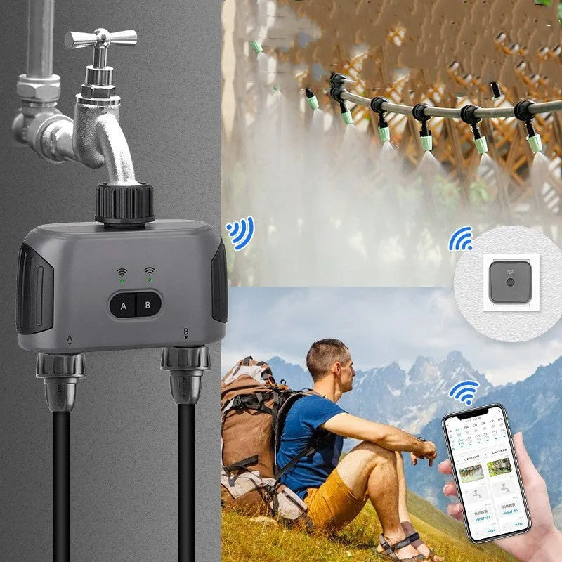 Bluetooth dual watering controller with timer and WiFi gateway for garden irrigation, compact weatherproof design