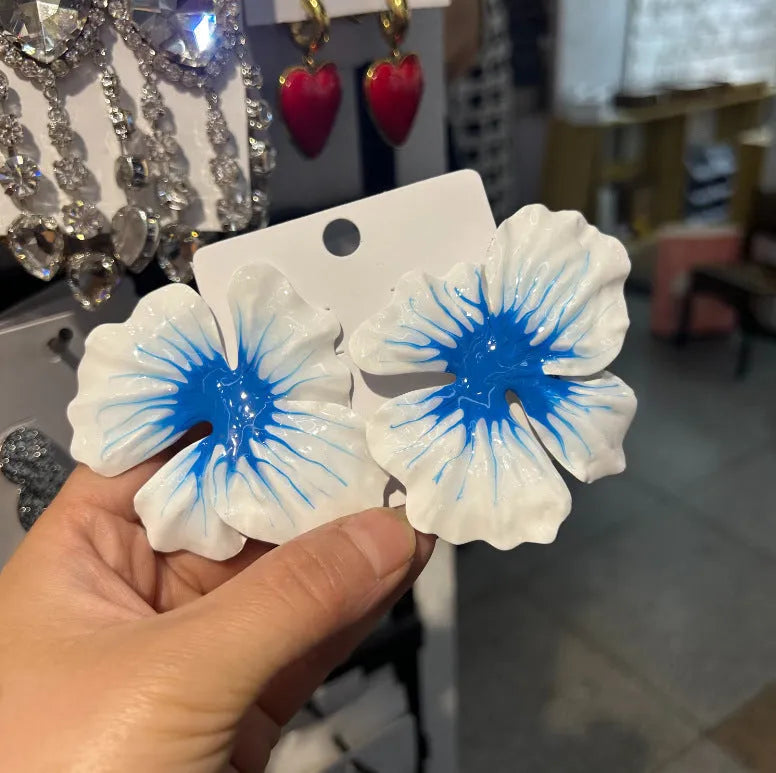 Pastoral style alloy floral stud earrings with oil-spot glaze in blue, green, purple, and rose colours