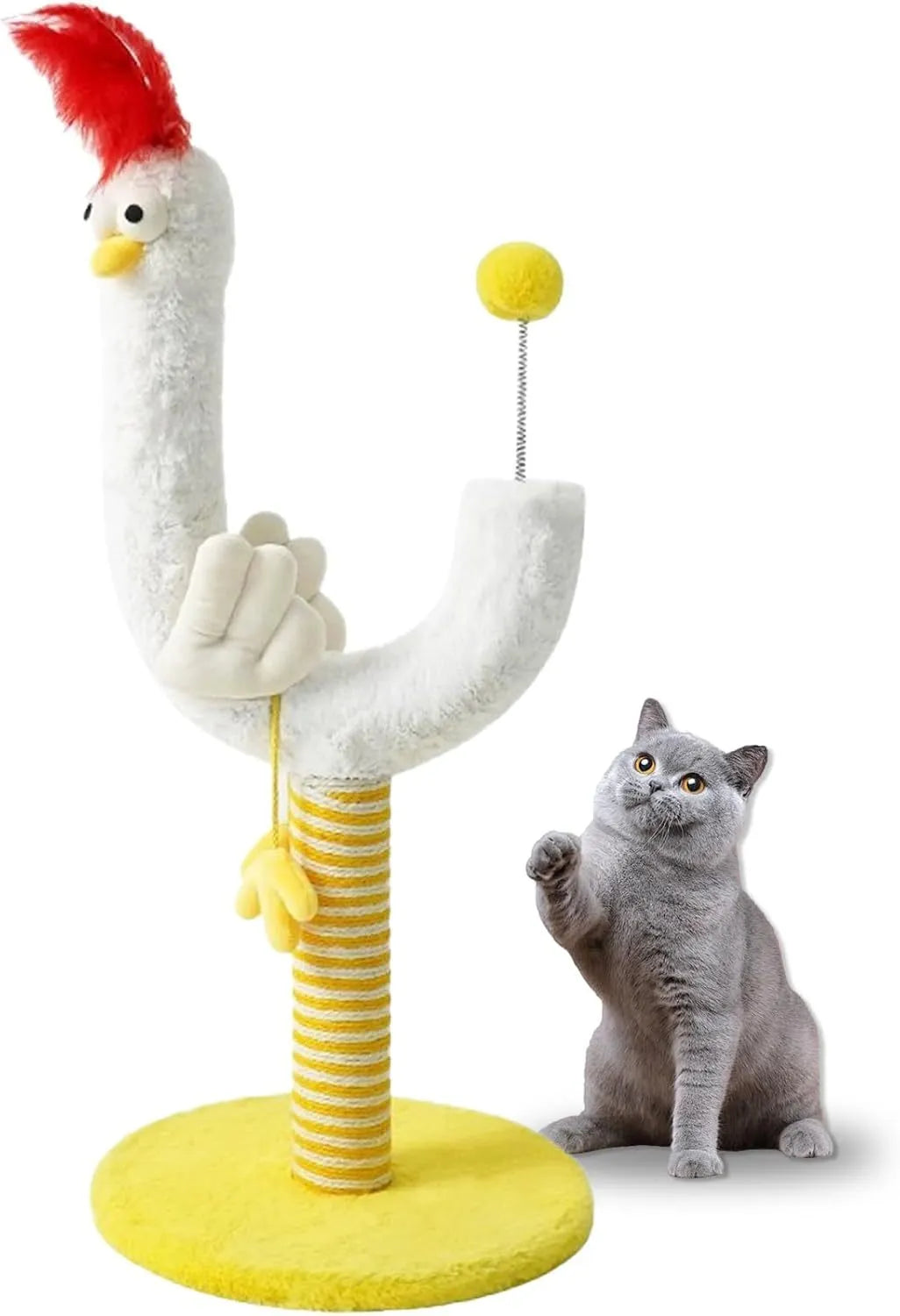 Yellow sisal rope cat scratching post with spring ball toy attached