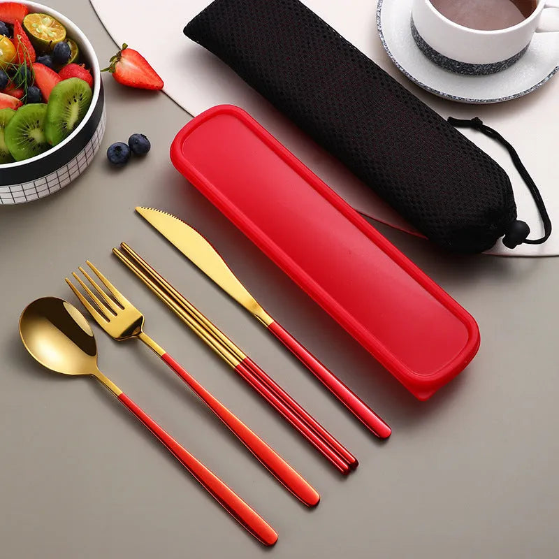304 stainless steel portable cutlery set with knife fork spoon and gold mesh bag on table