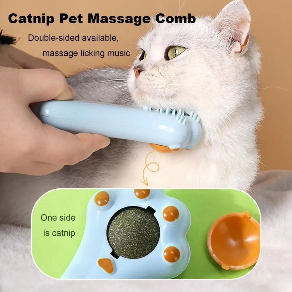 Blue cartoon-design cat grooming comb and dental toy with catnip cartridge measuring 13.5cm long