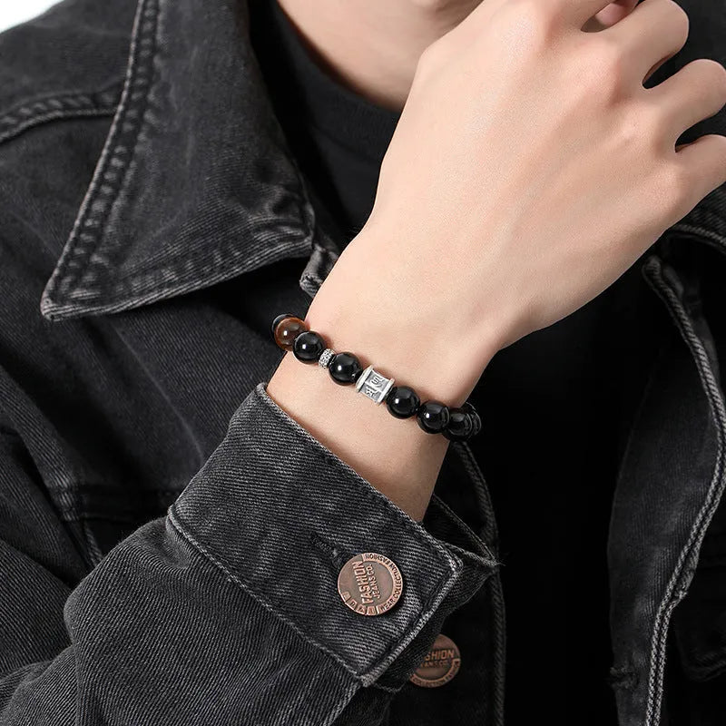 Hand-woven black obsidian six-word mantra bracelet with 10mm prayer wheel beads for men