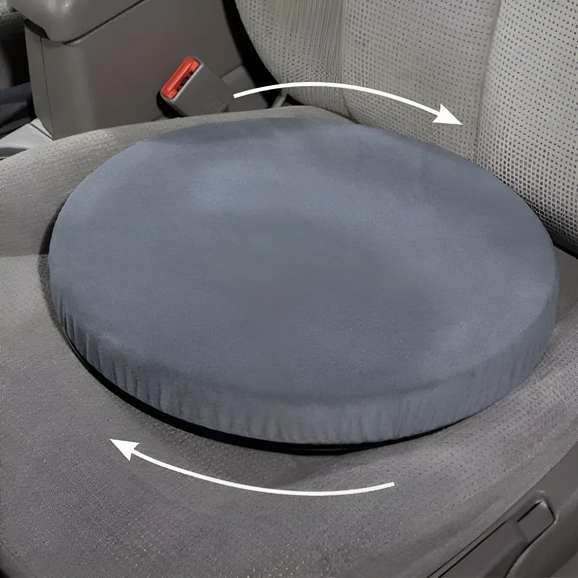 Grey car seat cushion with 360-degree rotation feature and non-slip base on a car seat.
