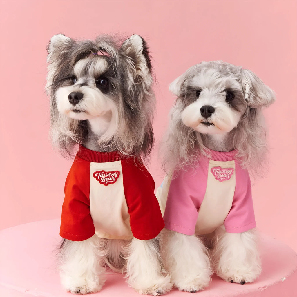 Cotton summer dog clothes in red or pink with contrast design, sizes XS to XXL