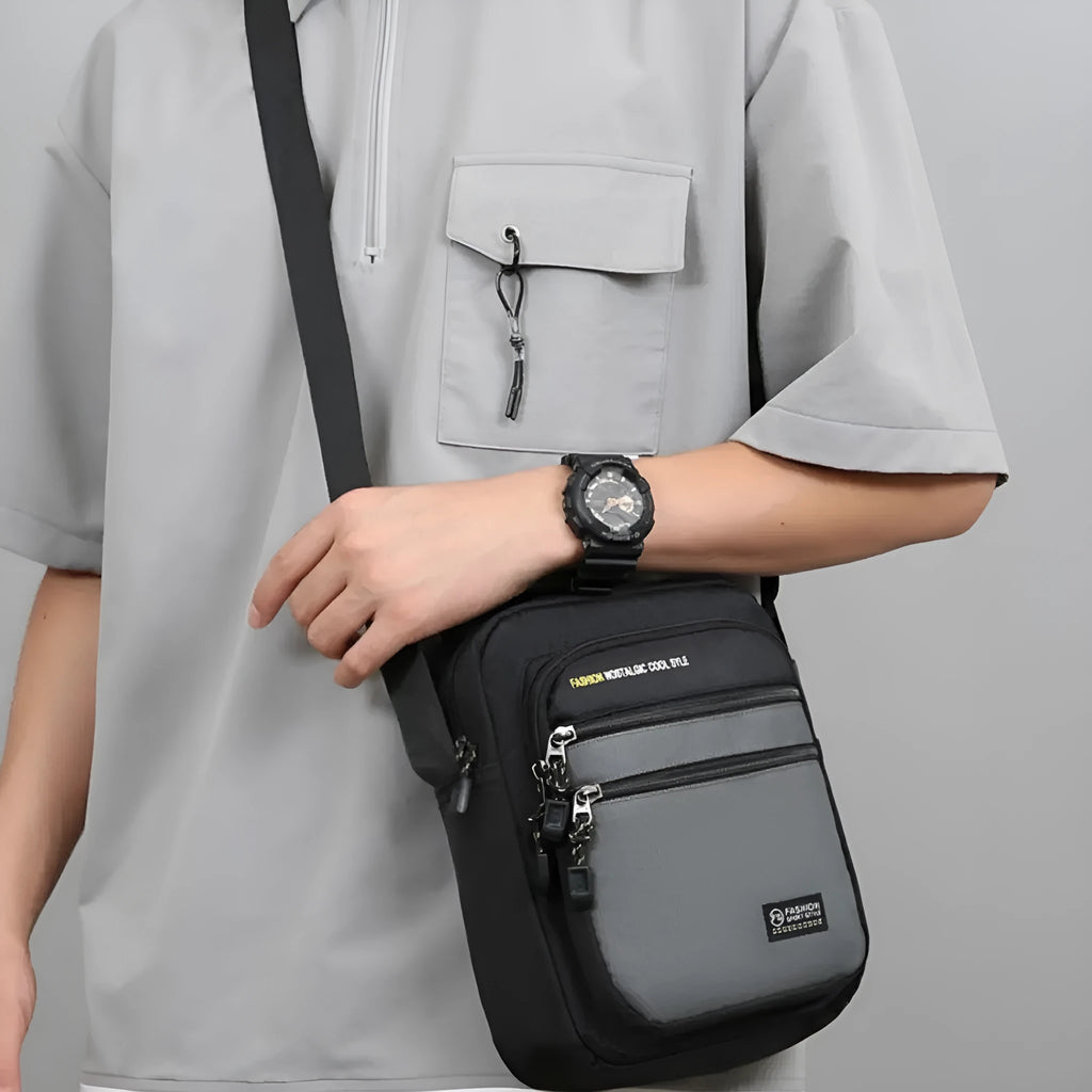 Men's nylon crossbody bag in solid colour with sewing thread detail, waterproof for outdoor commute use
