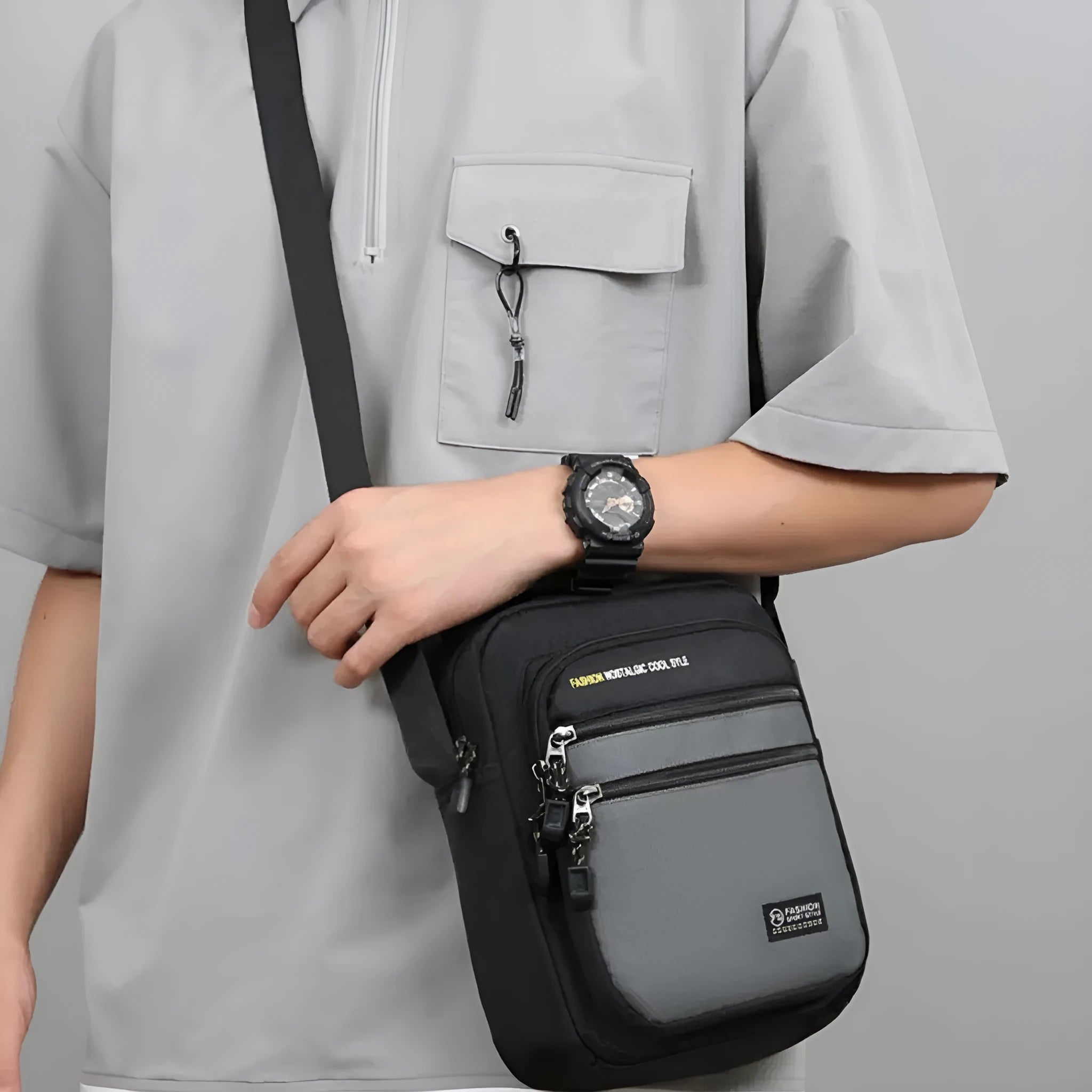 Men's nylon crossbody bag in solid colour with sewing thread detail, waterproof for outdoor commute use