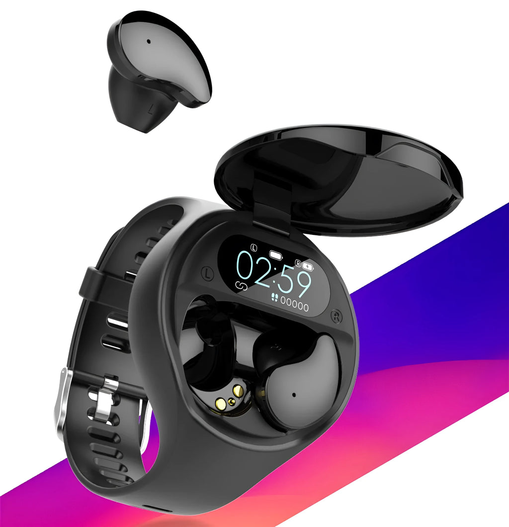 Black Bluetooth headset attached to a smart bracelet with colour screen for heart rate and step tracking.