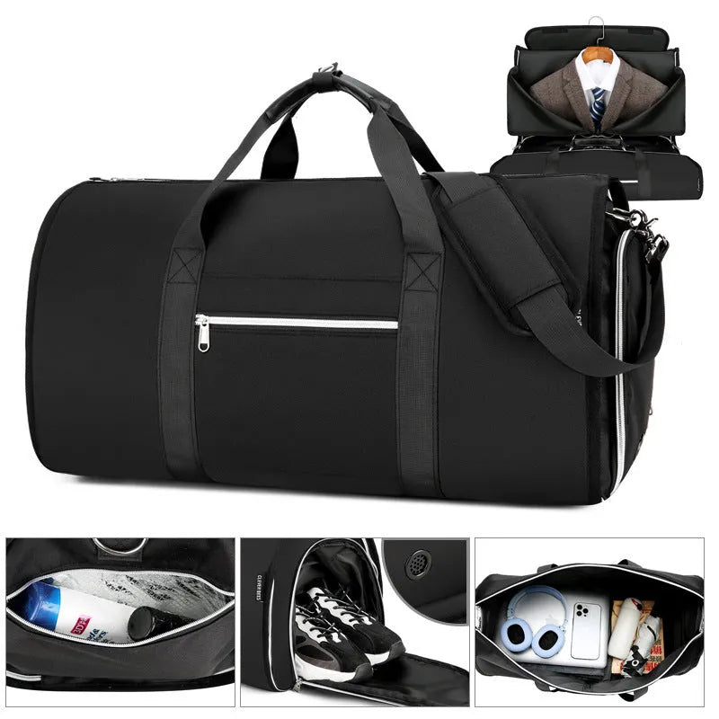 Grey Oxford cloth sports bag showing dry wet separation compartments and expansion function.