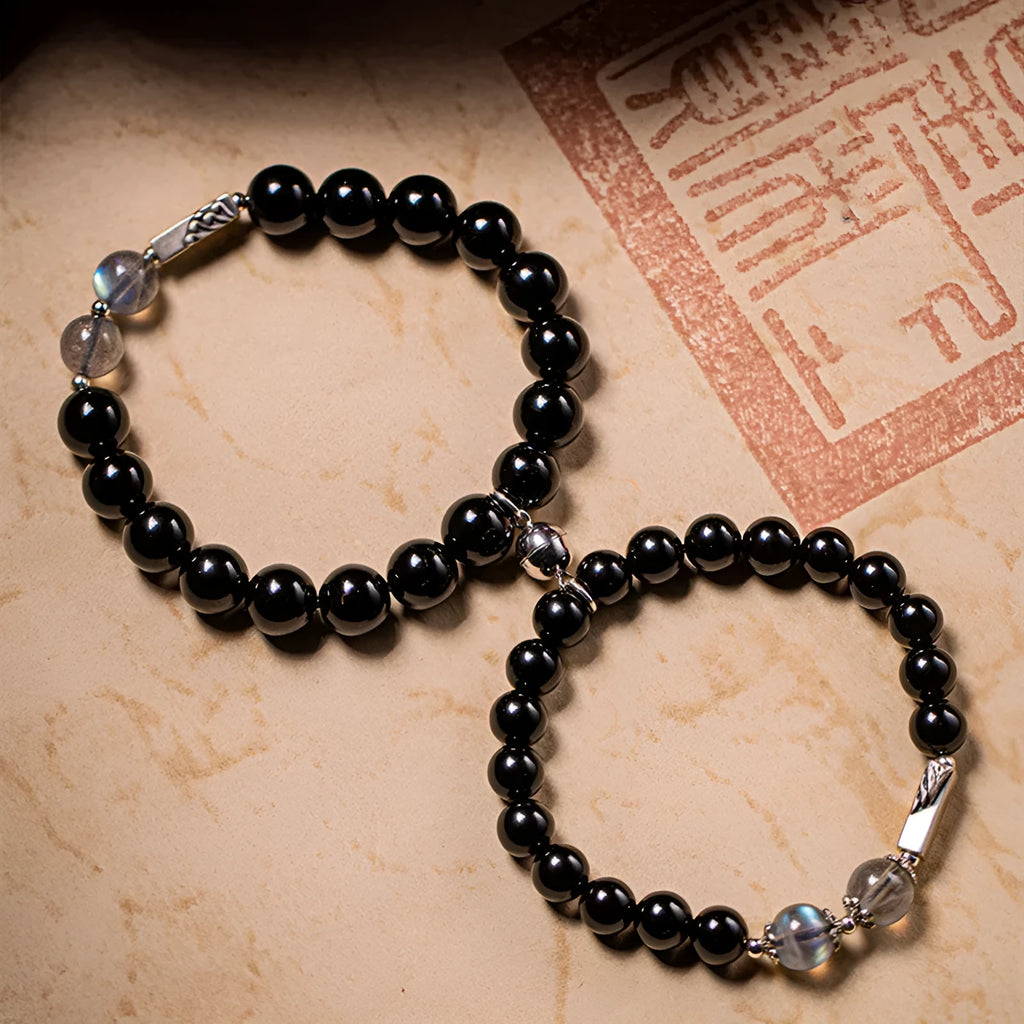 Black obsidian Buddha beads couple bracelets with 8mm and 10mm beads on adjustable cords