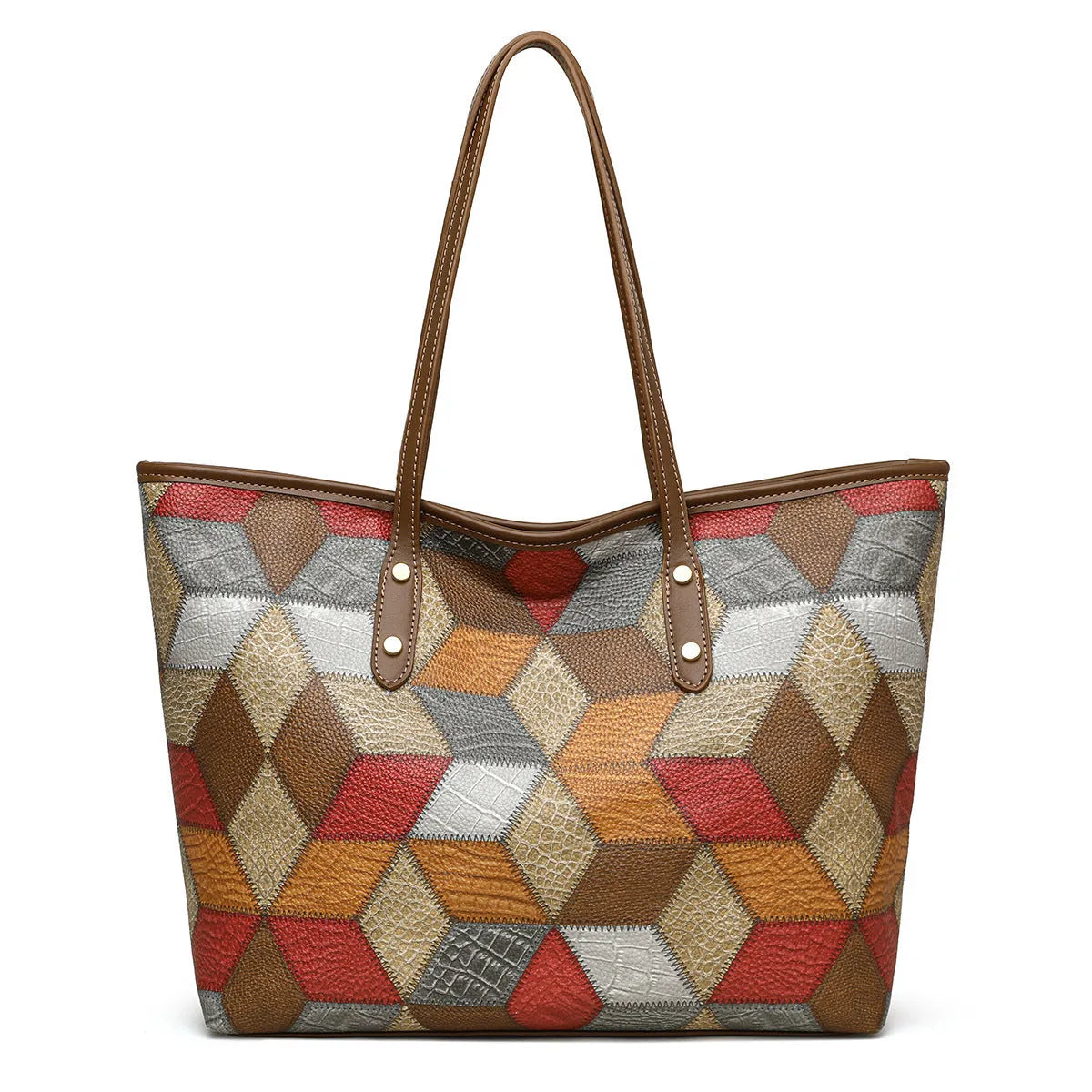 Women's blue brown PVC shoulder handbag with sandwich pocket design showing organised compartments