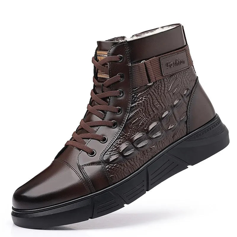 Men's black genuine leather snow cotton boots with a velvet finish and rubber sole.