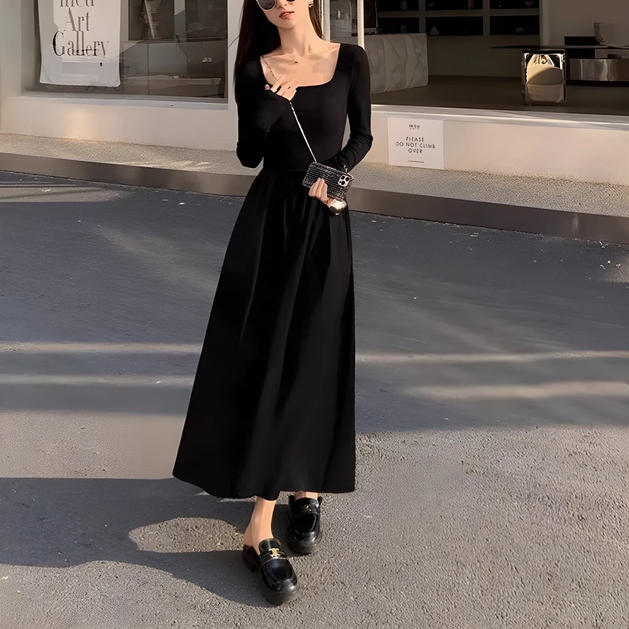 Women's black square collar knitted long sleeve dress with A-line skirt and elastic waist