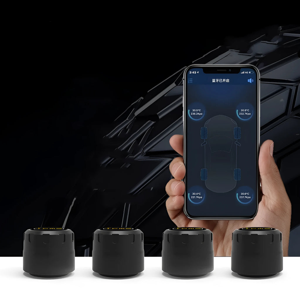 Black Bluetooth tyre pressure monitoring system with four external sensors and installation tools