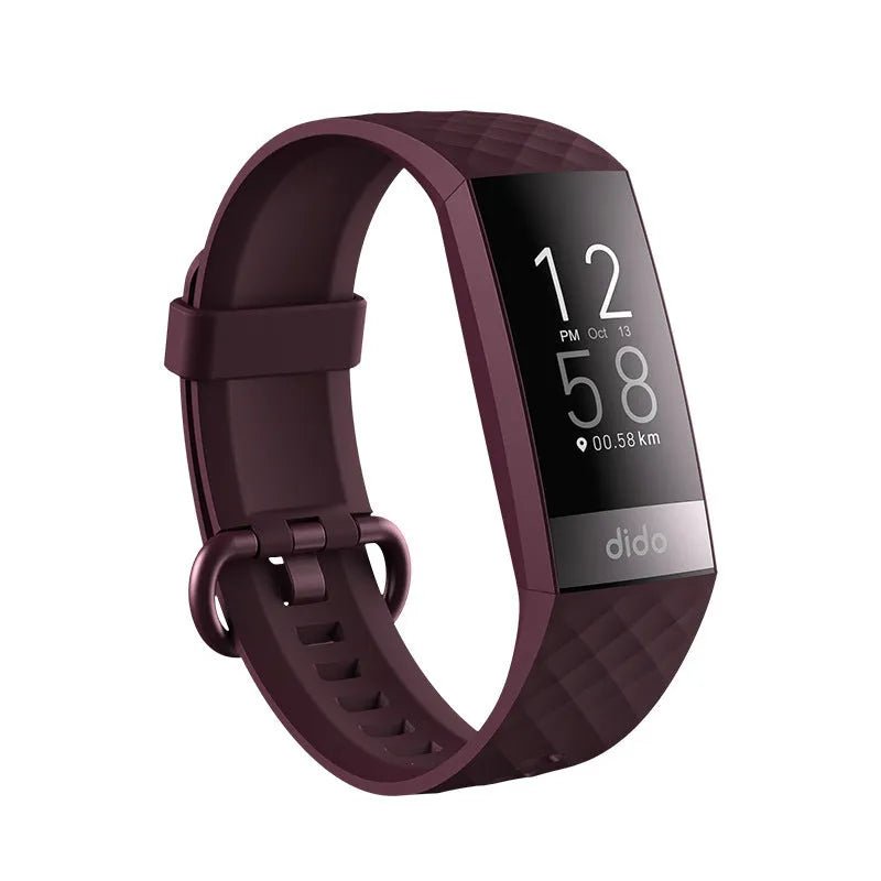 Black smart bracelet with screen showing blood pressure and heart rate data on a wrist.