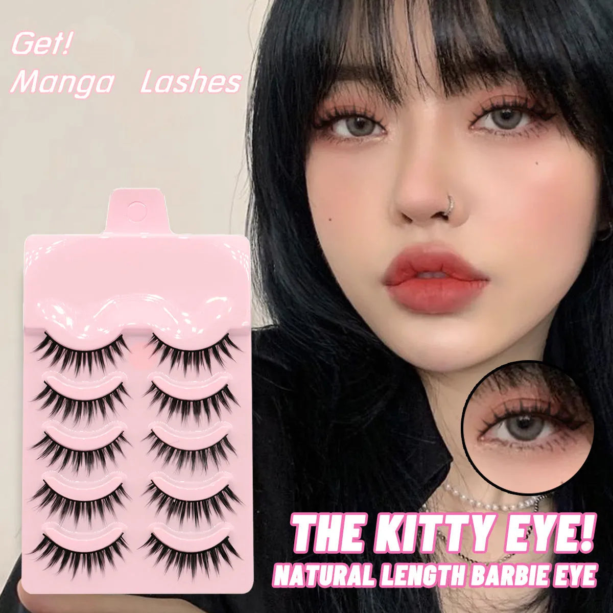 Set of manga-style false eyelashes showing three wispy designs with black plastic bands.