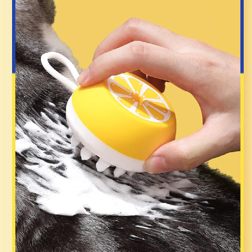 Yellow silicone pet bath brush and massage comb tool for dog and cat grooming