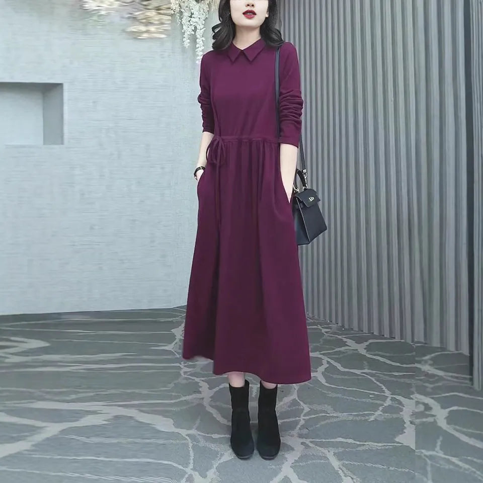 Purplish red plus size women's dress with extra long sleeves and long skirt for autumn and winter wear