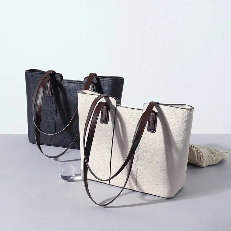 Genuine leather women's commuter shoulder bag in a box-type shape with a large capacity and sandwich pocket.