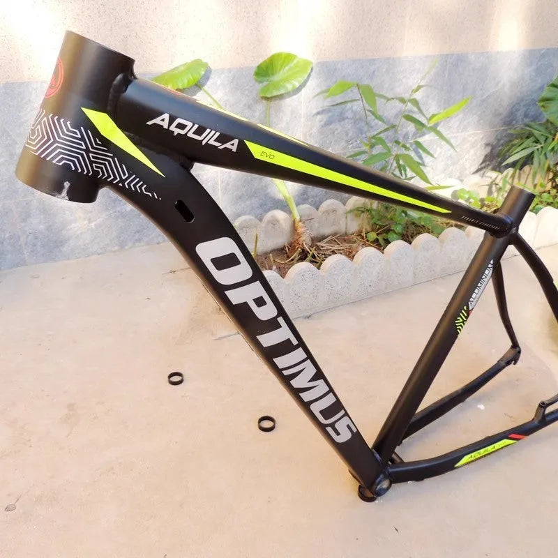 Black Green aluminium mountain bike frame for 29-inch wheels with disc brake mount and internal cable routing ports