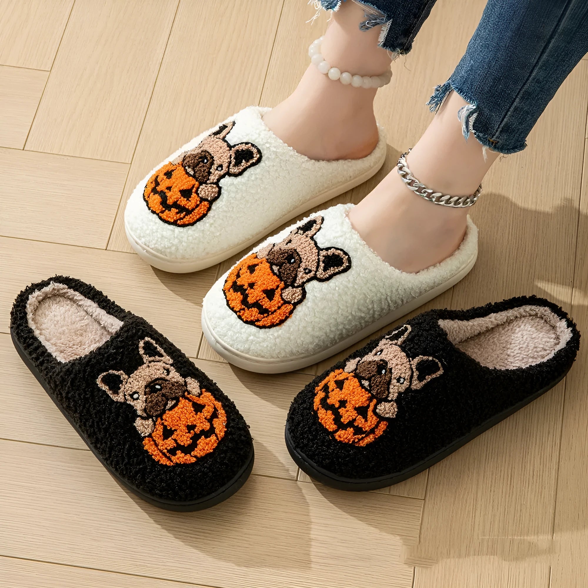 Black and white Halloween pumpkin slippers with soft velvet cotton upper and non-slip rubber soles
