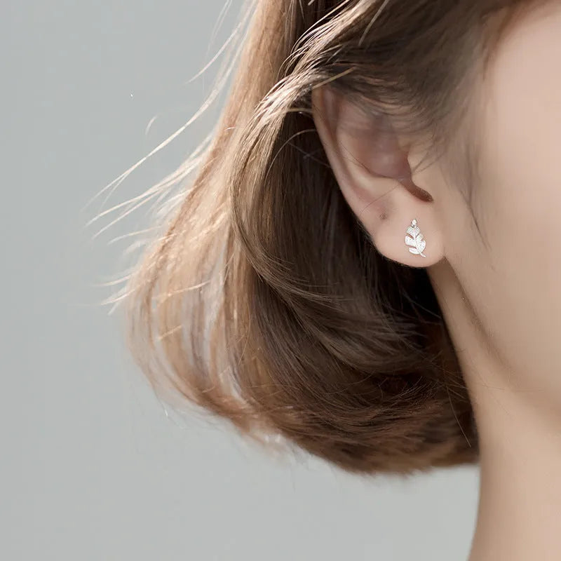 Fashion willow leaf stud earrings for women mori style micro-inlaid leaves copper rose gold and white gold colours