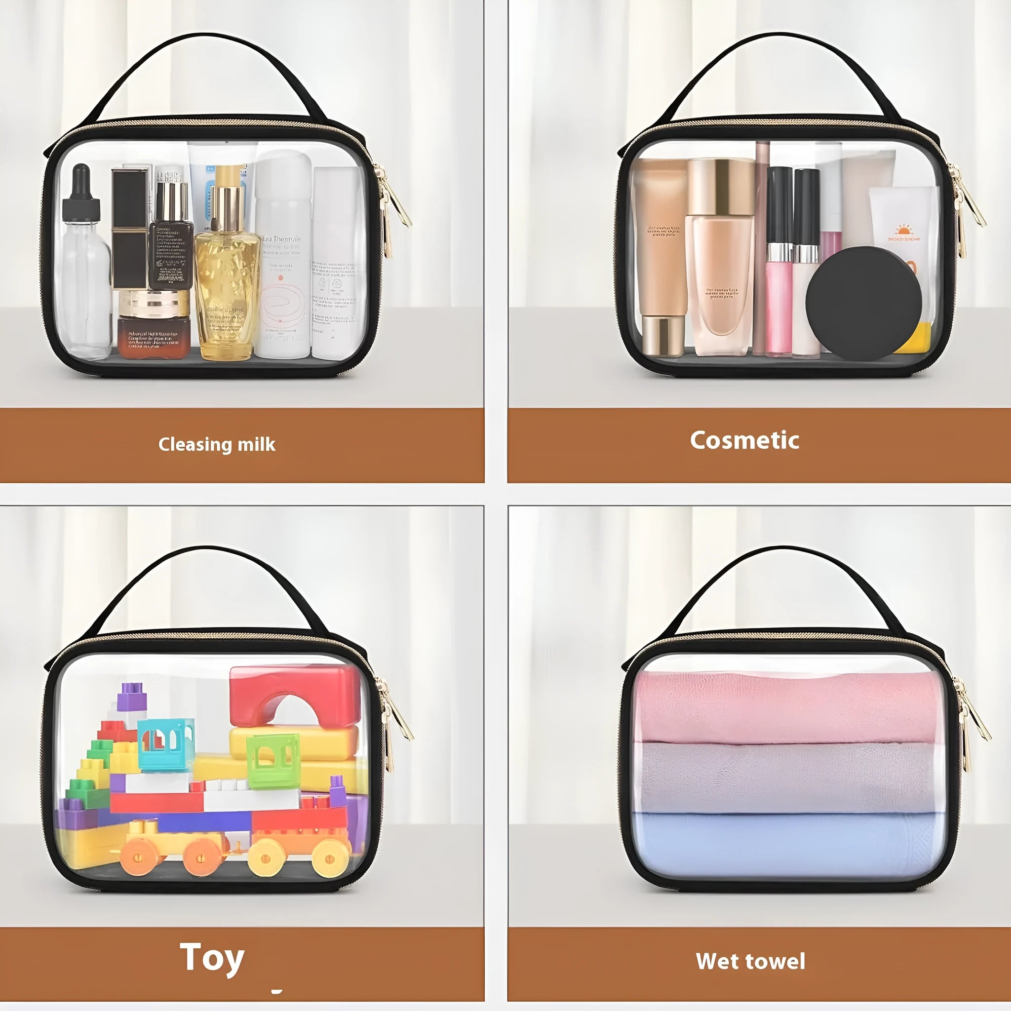 Transparent PVC lipstick storage bag with chain closure in 7.85 inch size showing cosmetic organisation