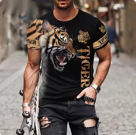 Men's grey T-shirt with a fierce lion's head in raised 3D print on the front.