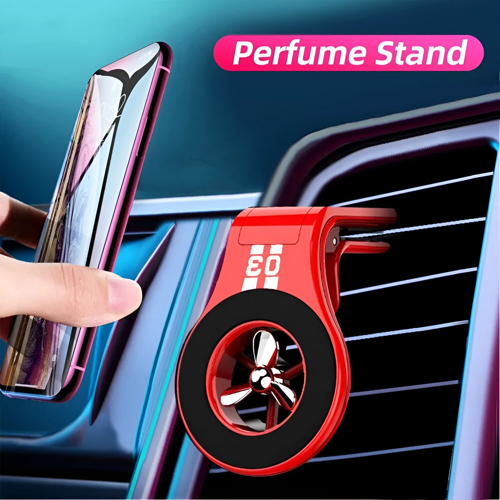 Black magnetic car phone holder attached to car air vent with phone mounted and adjustable rotation