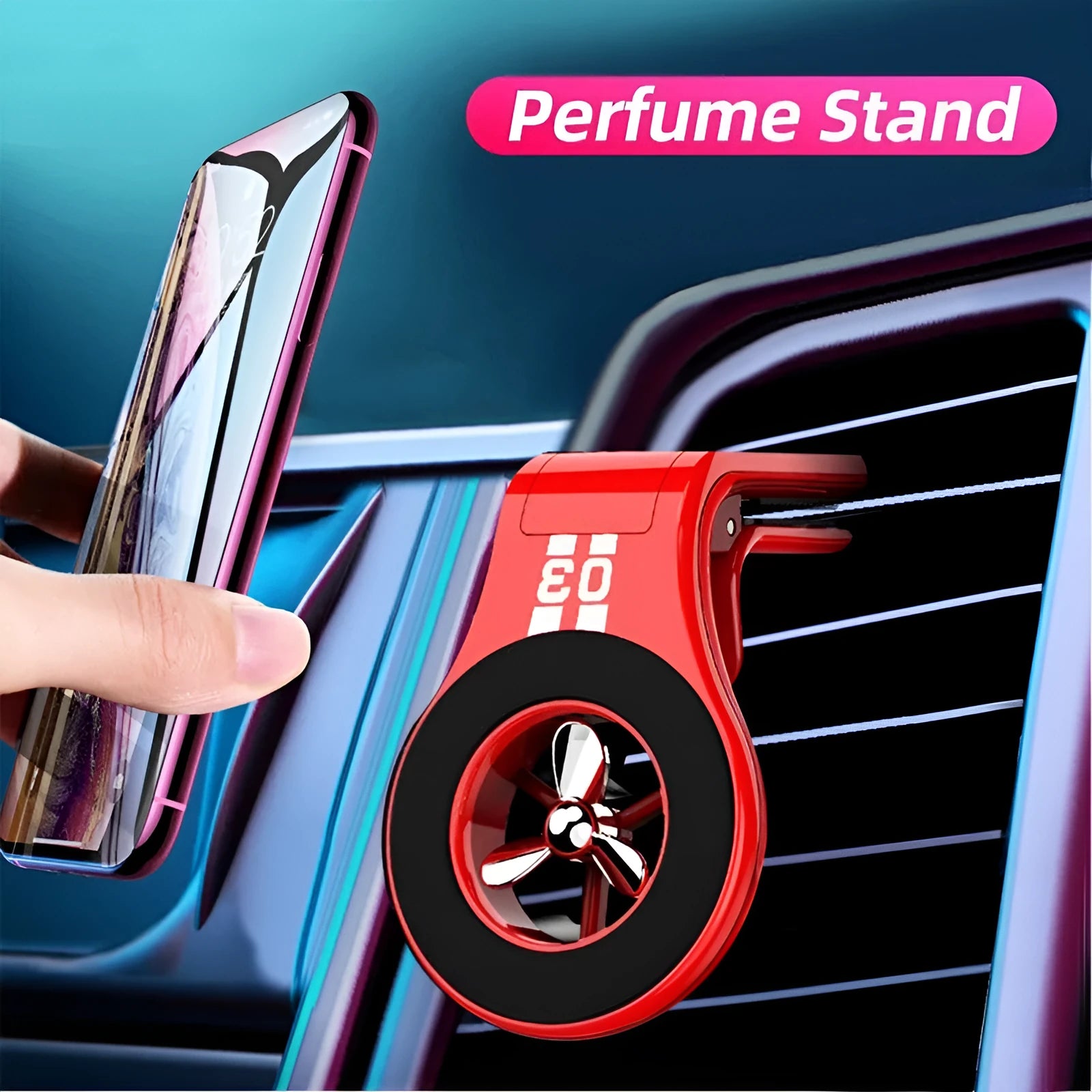 Black magnetic car phone holder attached to car air vent with phone mounted and adjustable rotation