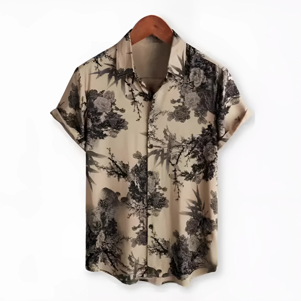 Hawaiian print short sleeve shirt with floral pattern and lapel design in street fashion style
