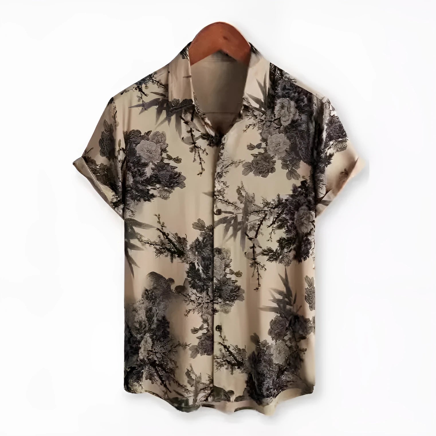 Hawaiian print short sleeve shirt with floral pattern and lapel design in street fashion style