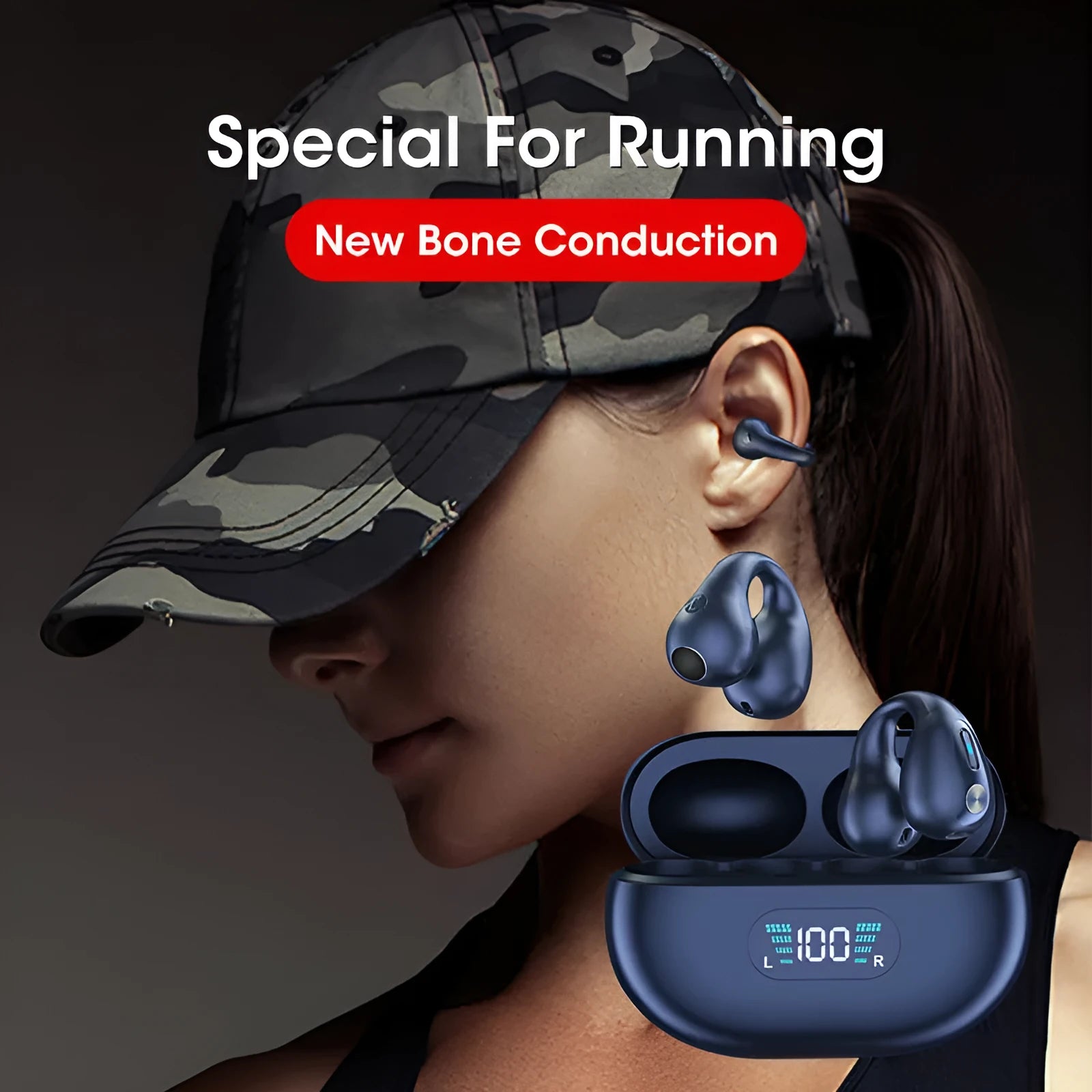 Black bone conduction Bluetooth headset clip shown on a colour box.