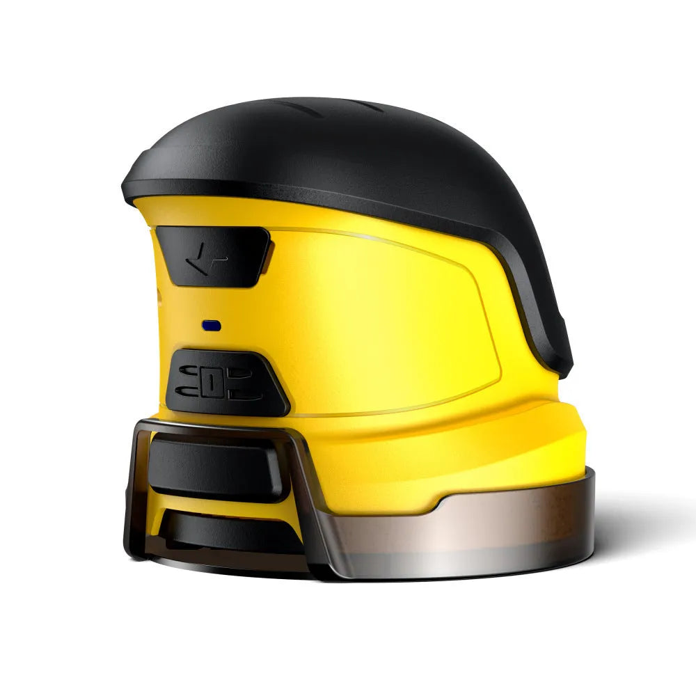 Cordless electric snow scraper in yellow ABS plastic with charging cable, measuring 118mm tall