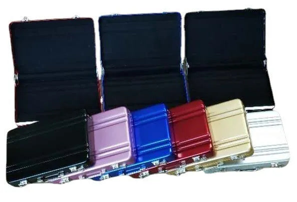 Slim aluminium metal card holder in six colours: red, blue, black, silver, pink, and gold.