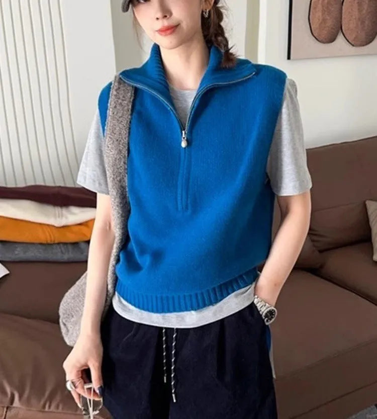 Retro half zip sleeveless knit vest with 3D mesh fabric texture in solid colour