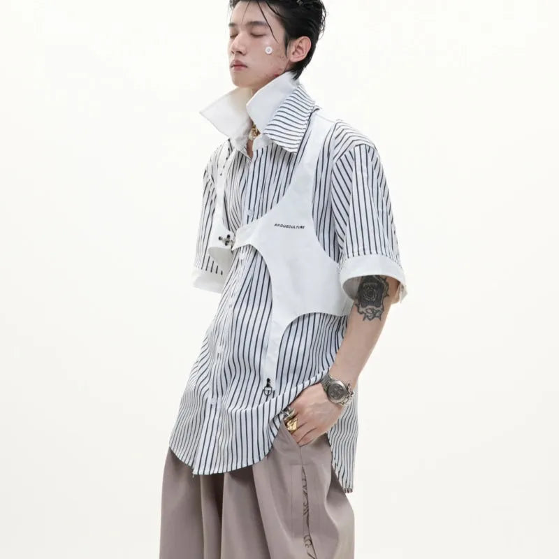 Men's cotton striped shirt with double collar design in silver Sapporo black and white colour options