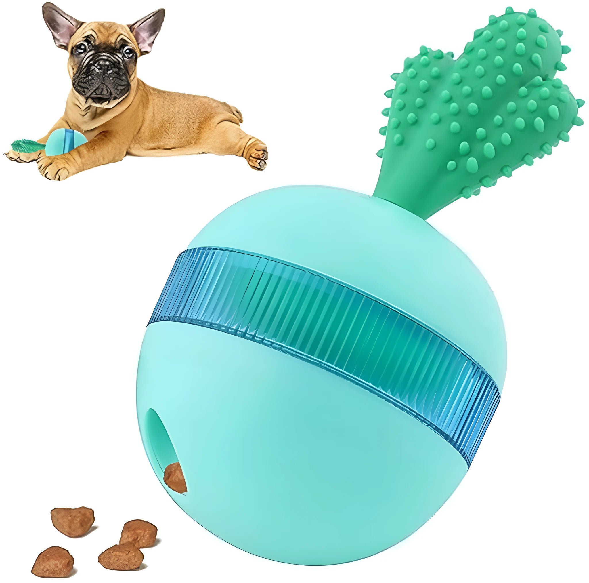 Blue rubber dog toy ball with treat-dispensing holes for medium to large breeds