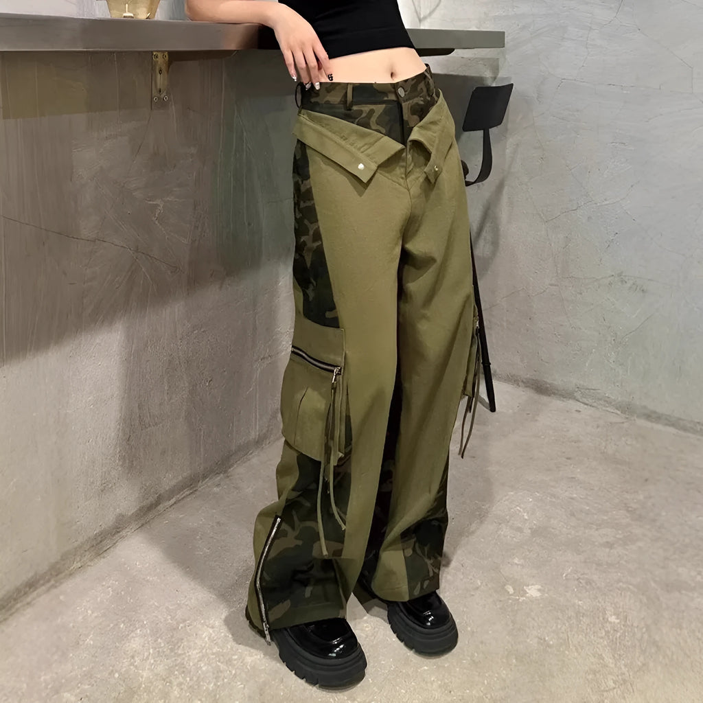 Dark khaki leopard print high waist jeans with fake two stitching detail and straight leg cut