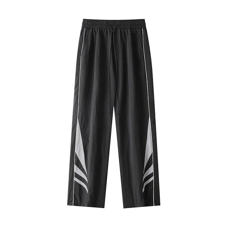 Men's straight leg casual trousers in black or grey with elastic waistband for plus size summer wear