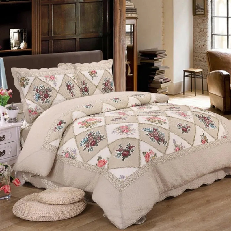 Washed pure cotton quilted bedspread and pillowcase set in a beige colour on a bed.