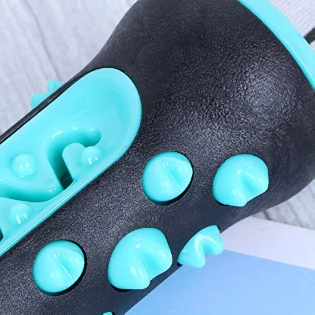 Natural rubber dog toothbrush chew toy for dental cleaning in blue, green, yellow, or black blue.