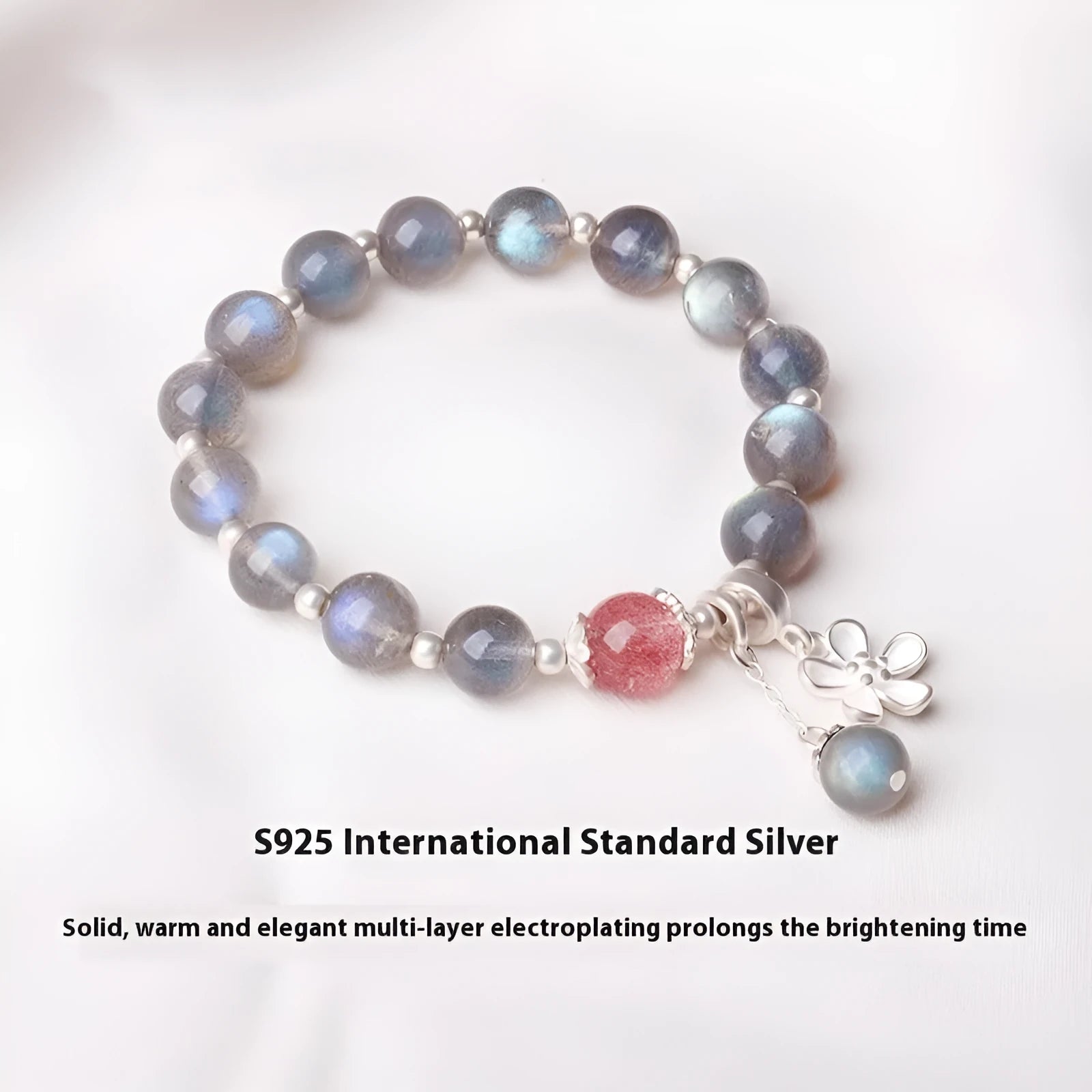 Moonlight lime strawberry crystal bracelet for women, 925 silver setting with 7.5mm grey moonlight stone beads