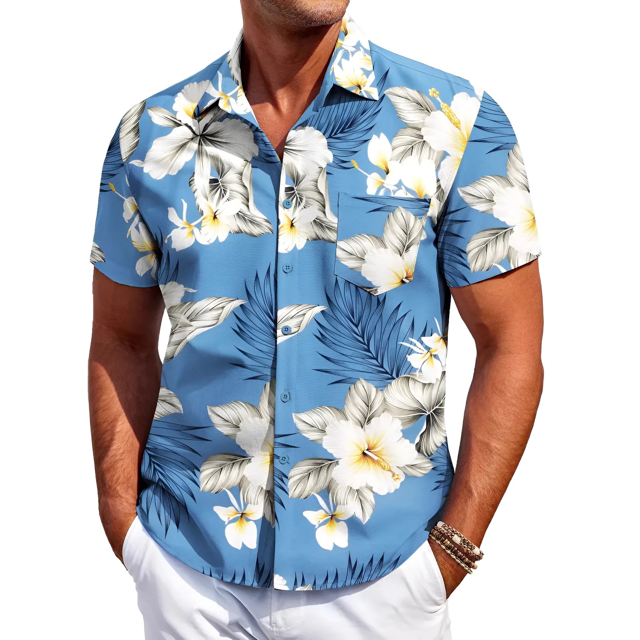 Men's slim fit short sleeve Hawaiian shirt in four-sided elastic polyester fabric for summer.