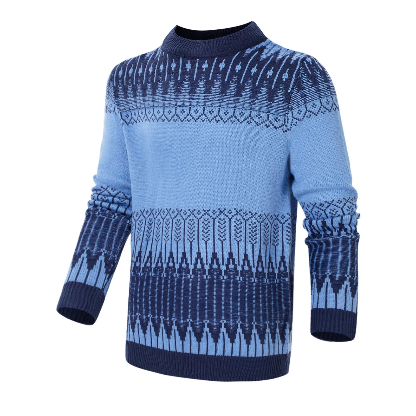 Men's grey knitted long-sleeve pullover sweater for winter, shown on a model.